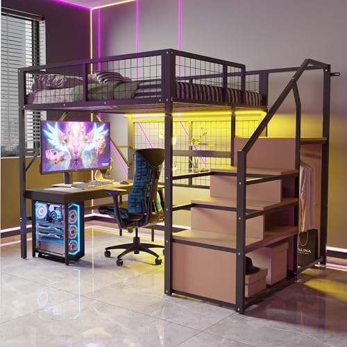 Letto a soppalco 140×200 cm, con luce LED, letto multifunzionale con struttura in ferro, con armadio aperto, letto a soppalco in metallo, con scaletta contenitore, nero (materasso non incluso)