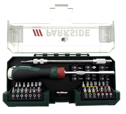 PARKSIDE® Ratschen-Schraubendreher Bit-Set, 43-teilig, 6,3 mm, mit ergonomischem Griff, Stahl und Kunststoff, in Kunststoffbox, 250 x 115 x 48 mm