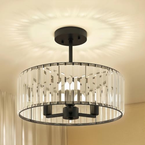 HOMCOM Crystal Ceiling Light Fixture Semi Flush Mount Modern 39 cm Black | Crystal Chandelier Ceiling Light, for Living Room Bedroom Hallway Dining Room, E14 Base 3-Lights, Bulbs Not Included