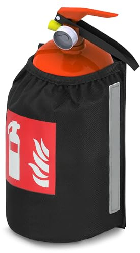 DADA LAB Feuerlöscher Tasche 1kg für Auto – KFZ Halterung mit Klettbefestigung für Kofferraum, Reflektionsstreifen & Piktogramm – inkl. Wandadapter mit Klebefläche