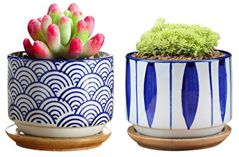 GeLive Japanese Style Wave Ceramic Succulent Planter Cactus Plant Pot Flower Container with Bamboo Drip Tray Set of 2