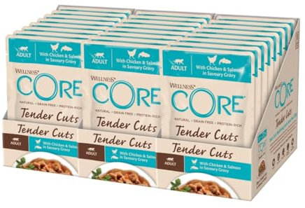 Wellness CORE Tender Cuts, Huhn & Lachs, 24 x 85 g, Nassfutter für ausgewachsene Katzen in Sauce, ohne Zuckerzusatz, getreidefrei, mit hohem Fleischanteil