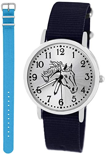 Pacific Time Kinder Armbanduhr Mädchen Junge Pferd Kinderuhr Set 2 Textil Armband dunkel blau + hellblau analog Quarz 10417