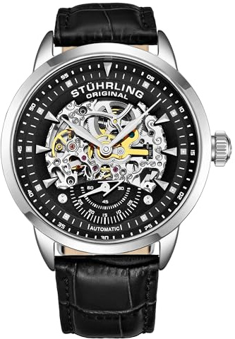 Stuhrling Original Mens Automatic Skeleton Watch - Black Leather Watch Strap