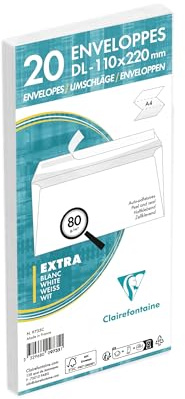 Clairefontaine 9735C - Packung mit 20 Umschlägen weiß DL-110x220mm, vertraulich, selbstklebend, 80g, 1 Pack