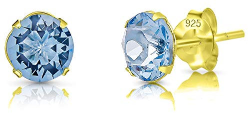 DTPSilver - Damen Ohrringe 925 Sterling Silber Gelb Vergoldet mit Kristallen von Swarovski® Elements 6 mm Runde Ohrstecker - Farbe : Aquamarin