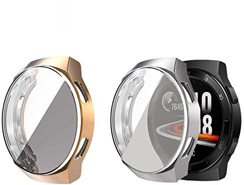 LvBu Schutzhülle Kompatibel mit Huawei Watch GT 2e, Flexibles TPU Vollschutz mit Displayschutzfolie Kratzfest Displayschutz Schutz Hülle Für Huawei Watch GT 2e (Silber + Roségold)