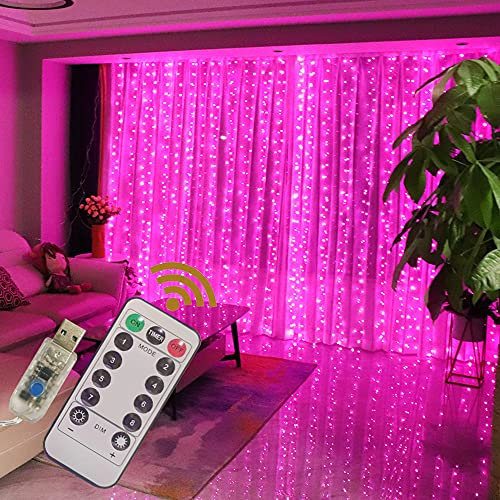GUOCHENG Guirlande lumineuse à LED en cuivre de 3 m x 3 m, alimentée par USB, avec télécommande, pour la maison, la chambre, la terrasse, les fêtes, les mariages-Rose