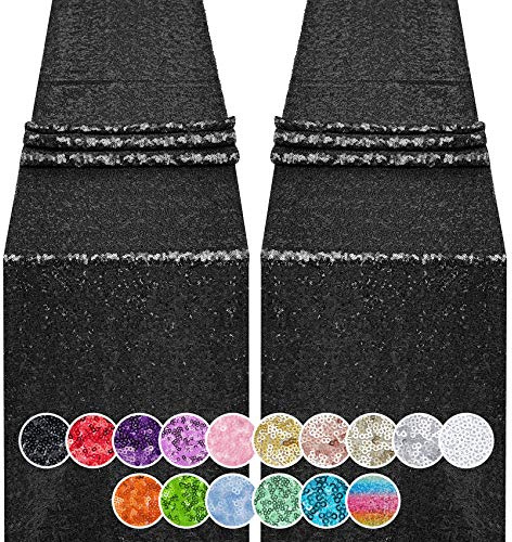 2PCS 12x72 Inch Sequin Table Runner Black Glitter Table Runner for Party, Wedding, Bridal Baby Shower, Event Decorations（2PCS, 12x72 Inch, Black）