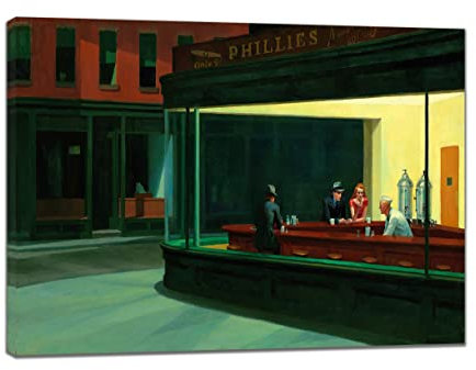 Edward Hopper Nighthawks Bild Reproduktion Kunstdruck auf gerahmter Leinwand, Wandkunst, Heimdekoration, 60 x 40 cm, 18 mm Tiefe