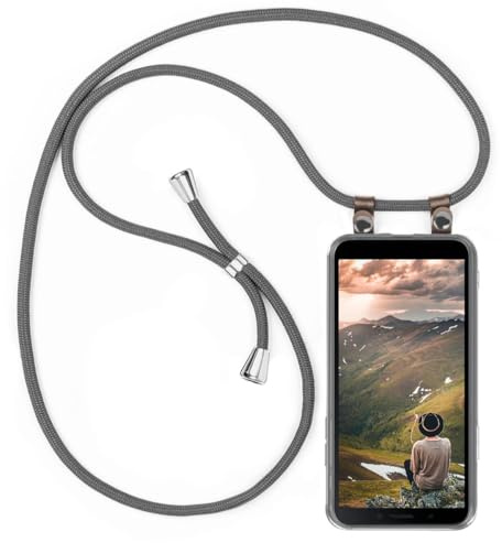 moex Handykette für Huawei Y5p Hülle mit Band abnehmbar, Handyhülle mit Kette zum Umhängen, Handyband 155 cm lang Stoff Kordel Umhängehülle, Handy Umhängeband, Grau