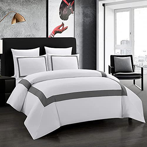OSVINO Bettwäsche 240x220 cm mit 2 Kissenbezug 50x75 cm Weiß und Grau Hotel Bettwäsche Streifenrahmen Bettwäsche-Sets Mikrofaser Bettbezug für Hotels Familien