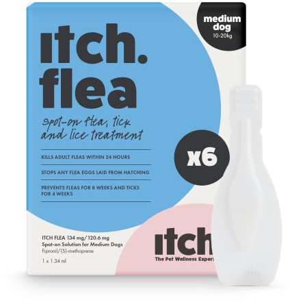 Itch - Flea & Tick Spot-On Treatment for Medium dogs (10-20kg) - Kills Fleas, Ticks, Lice & Eggs to Prevent Reinfestation - 6 Easy-Apply Pipettes