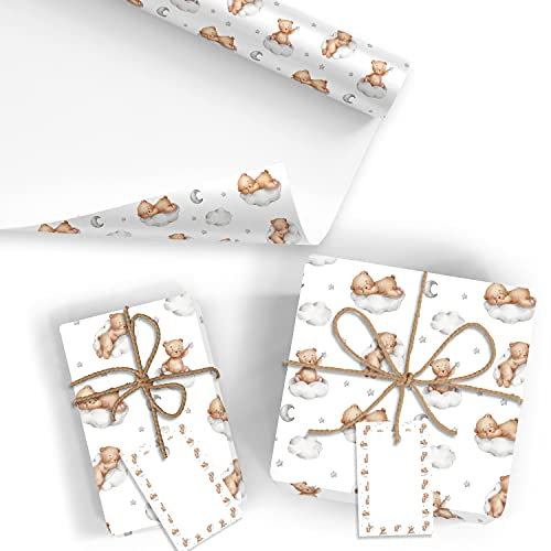 5x Geschenkpapier für Baby/Kind Motiv Bär- 5 große Bogen je 70 x 100 cm - verpackt als eine Rolle - inkl. Passende Geschenkanhänger - Umweltfreundliche Geschenkverpackung - Marke Neuser