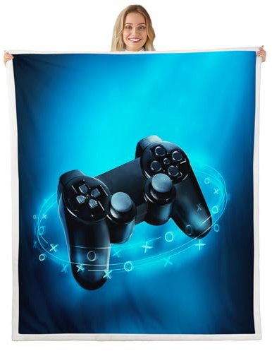 Homemissing Jungen Spiele Flanell Fleecedecke Kinder Gamepad Decke 150x200cm für Schlafsofa Couch Dekor Videospiele Wärme Kuscheldecke Moderne Spieler Konsole Aktion Tasten Wohndecke Ultra Weich Blau
