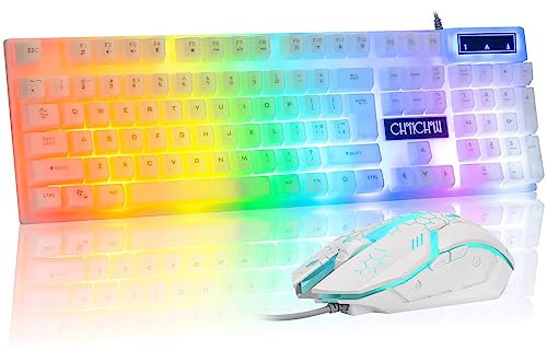 CHONCHOW LED Keyboard and Mouse, 104 Keys Rainbow Backlit Keyboard and 7 Color RGB Mouse, White Gaming Keyboard and Mouse Combo for PC Laptop Xbox PS4 Gamers and Work