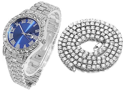 Halukakah Diamant Golduhr Iced Out, Männer Platin Weißgold Plattiert Quarz Armband 24cm Blaues Zifferblatt, mit Tennis-Ketten Halskette 45cm, Kommt mit Geschenkbox