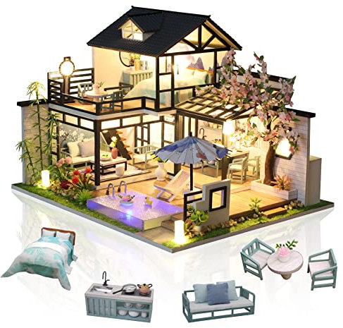 Cuteefun Maquette Maison Miniature pour Adulte à Construire, DIY Maison de Poupée Miniature Bois en Kit avec Meubles Musique Outils, Cadeau de Bricolage Artisanal (Cour poétique)