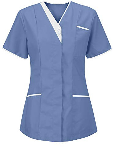 STPT Kasacks Damen Pflege Knopfleiste Damen Pflege Damen Stilvoll Einfarbig Bluse Reine Farbe ohne Muster Schlupfkasack V Neck T-Shirt mit Solid Tasche Bluse Kurzarm Berufskleidung