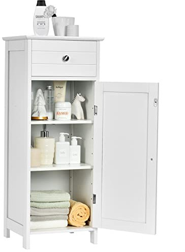Multigot Bathroom Floor Cabinet, Wood Storage Cupboard with Drawer, Adjustable Shelf & Magnetic Door, Freestanding Toilet Organizer Unit for Bedroom Living Room Entryway(White,7-Position Adjustable)