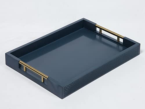 Bandeja para Servir con Asas de Metal Pulido, Bandeja Rectangular de 16.5 x 12 Pulgadas, Bandeja Decorativa Moderna, Bandeja otomana Grande, Almacenamiento y exhibición (Azul)