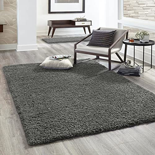VIMODA Hochflor Teppich Prime Shaggy Langflor Wohnzimmer Schlafzimmer Modern Farben, Farbe:Anthrazit, Maße:Ø 120 cm Rund