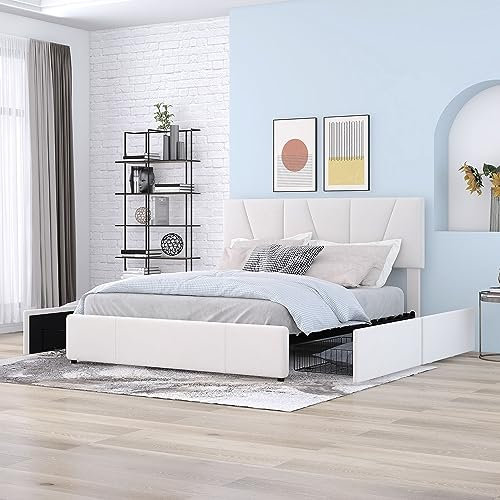 ModernLuxe Bett Samtstoff, Einzelbett/Doppelbett, Polsterbett mit Schubladen, Rückenlehne und Lattenrost, Höhenverstellbares Kopfteil,Jugendbett Gästebett (ohne Matratze) (Beige D, 140 x 200cm)