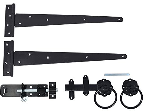 Gate Latch Kit Bundle, 2 x Tee Hinges, Brenton Padlock, Plain Ring Handle Gate Latch with Fixings (Black)