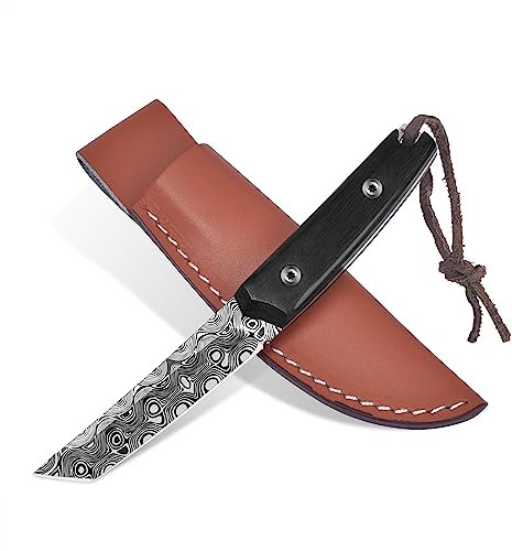 AuRiver Outdoor Messer Klein, Feststehende Klinge Camping Messer, Kleines Jagdmesser mit Damaststahl Klinge, Gürtelmesser für Camping,Wandern (WuShi)