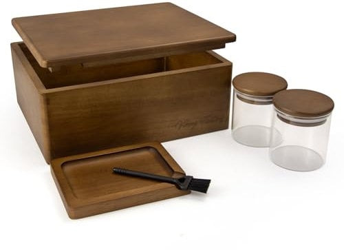 Viking Factory® Bamboo Kitchen Storage Organizer with 2 Airtight Jars, Spice Grinder & Brush - Countertop Organizer for Spices, Utensils or Tea