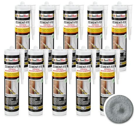 Isolbau Zement-Fix 10 x 300 ml Betongrau Express Reperaturmörtel - Dichtungsmasse für Fugen & Risse im Innen- & Außenbereich, Kartusche