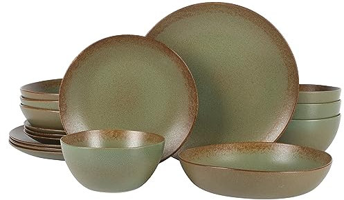 Bloomhouse - Oprah's Favorite Things - Palermo Sun Double Bowl Stoneware Reactive Glaze Plates and Bowls Dinnerware Set - Cardamom Green, Service for Four (16pcs)