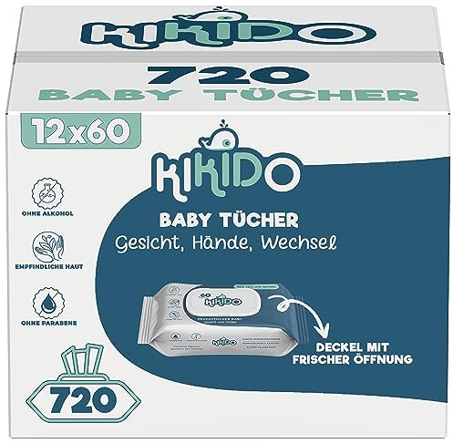 Lingettes Bébé Kikido - 720 Pièces 12 Paquets de 60 Lingettes Nettoyantes pour Bébés - Couvercle Sauve-Fraîcheur - Sans Alcool, Phénoxyéthanol et Parabens - Pour Peaux Sensibles - Lot de 12x60