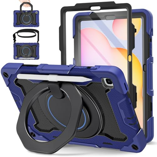 ROISKIN for Samsung Galaxy Tab S6 Lite Case 10.4 Inch 2024/2022/2020, with Screen Protector,Rotating Stand,Shoulder Strap, Heavy Duty Rugged Kids Cover with Pencil Holder for S6 Lite Tablet, Navy Blue