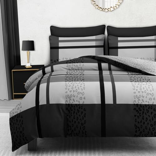 DEKORO Double Duvet Set - Reversible Duvet Cover Sets - Premium Microfibre - Hypoallergenic Ultrasoft Bedding Set Grey With Pillow Cases