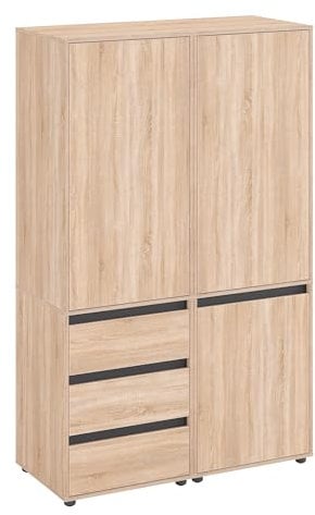 KOMTO Kleiderschrank Groß in Sonoma Eiche - Schrank Schlafzimmer Kinderzimmer Mehrzweckschrank mit 3-türig & 3 Schubladen Garderobenschrank Flur | Drehtürenschrank Cube 120 x 192 x 53 cm