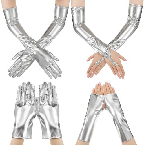 SATINIOR 4 Paar Handschuhe für Damen Glänzende Metallische Handschuhe aus Lackleder Kostüm Zubehör für Hochzeit Meerjungfrau Karneval Halloween Party, 4 Stile