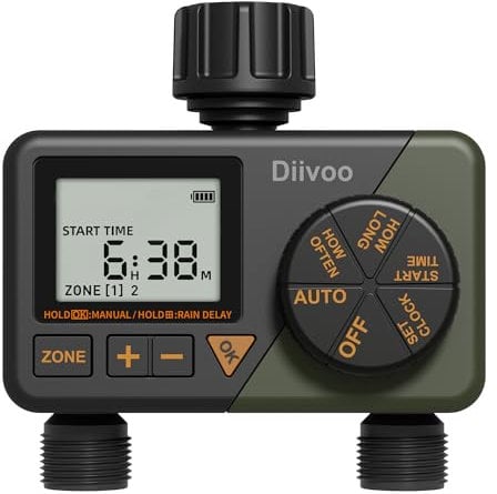 Programador de Agua de riego, Programador de aspersores Diivoo de 2 Salidas, Programador automático de grifos con retardo por Lluvia/Modo de césped automático y Manual