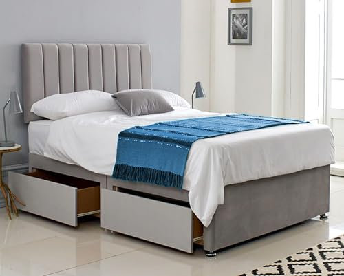ComfoRest - Elegant 4FT6 Double Bed with Mattress Included | Stylish Set with 2 Spacious Drawers | Comfortable Option for Practical and Modern Bedrooms (Silver Plush)