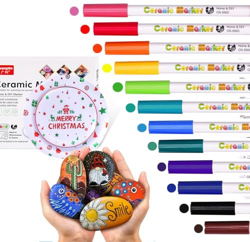 JIEYUCHU Acrylstifte für Steine Wasserfest, 12 Farben Acrylic Marker, Glas und Porzellanstifte auf Wasserbasis, Marker Stifte Set für zum Bemalen Keramik, Glas, Steine, Ostern und Weihnachte