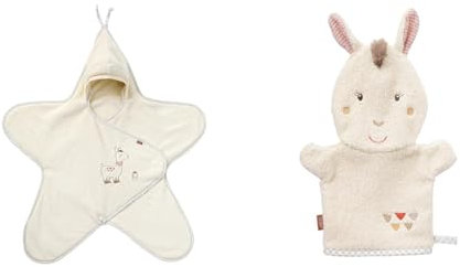 Fehn Einschlagdecke Peru - Kuschelige Babydecke mit Klettverschluss & Waschlappen Lama - Waschhandschuh mit Tiermotiv