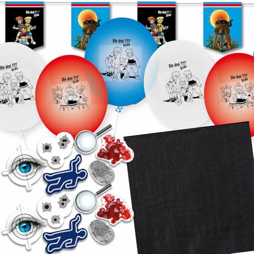 Deko-Set * 3 Fragezeichen Kids * für Kindergeburtstag, Mottoparty und Party | 81 Teile mit Servietten + Konfetti + Wimpelkette + Luftballons | Kinder Deko Partydeko, Edition: DIE DREI ??? Kids