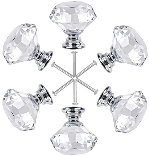 Ehuihuan 6 Stück Kristall Schubladenknöpfe, 30 mm Diamant Möbelknöpfe Schrankknöpfe, Kristallglas Kommodenknöpfe mit Schrauben