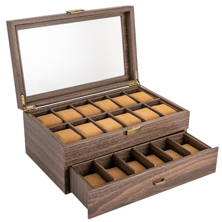 OMGGYER Uhrenbox 24 Uhren Watch Box, 2 Etagen Uhrenkasten Herren/Damen Uhrenaufbewahrung Uhrenkoffer Uhrenvitrine mit Glasdeckel, Uhren Aufbewahrungsbox Geschenk für Männer Frauen