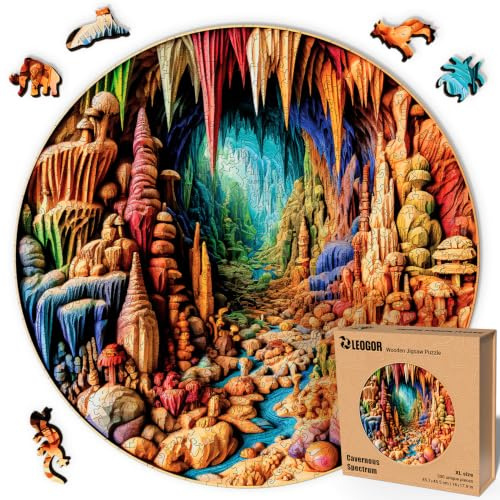LEOGOR The Original Extra Large Wooden Puzzle for Adults | Cavernous Spectrum - 500 Pieces 45.7 cm x 45.5 cm | Intricate Cave Scene Mosaic Featuring Floral and Animal Shaped Wood Jigsaws