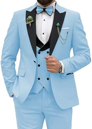 Men Slim Fit Suit 3 Piece Wedding Party Prom Suits One Button Jacket Vest and Pants Light Blue