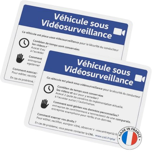 Adesivo per veicoli sotto videosorveglianza, conforme agli obblighi legali taxi/VTC - Confezione da 2 (8,5 x 10 cm) - Testo dati personali - Made in France