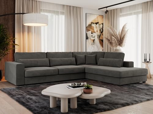 MKS MEBLE Ecksofa Sofa L-Form Dunkelgrau Velvet, Wohnlandschaft L-Form, Couch L Form, Sofagarnitur Couchgarnitur Polsterecke, Breite: 316 cm - Savona L - Dunkelgrau Velvet - Rechts