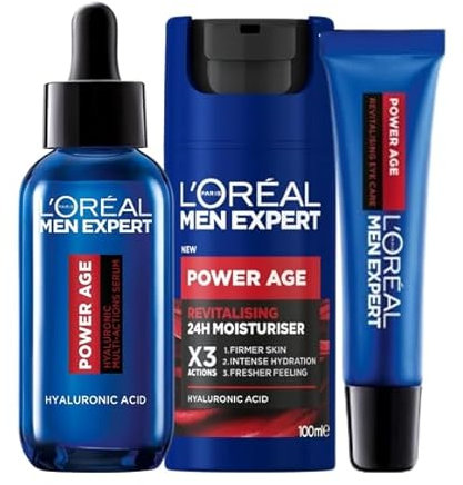 Rutina de L'Oréal Men Expert Power Age Crema hidratante 100ml +Contorno de ojos para combatir el envejecimiento 15ml + Sérum de Ácido hialurónico 30ml
