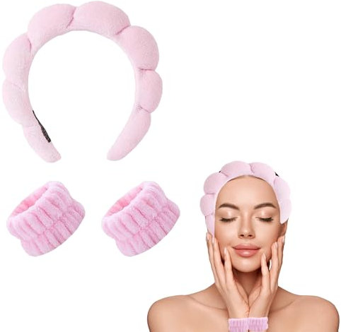 Serre tete, Skincare Serre Tete Femme, Bandeau de Lavage pour le Visage, Bandeau Cheveux Femme Maquillage, con Bracelets, pour Soin de La Peau, Lavage du Visage, Élimination du Maquillage, Yoga, Rose